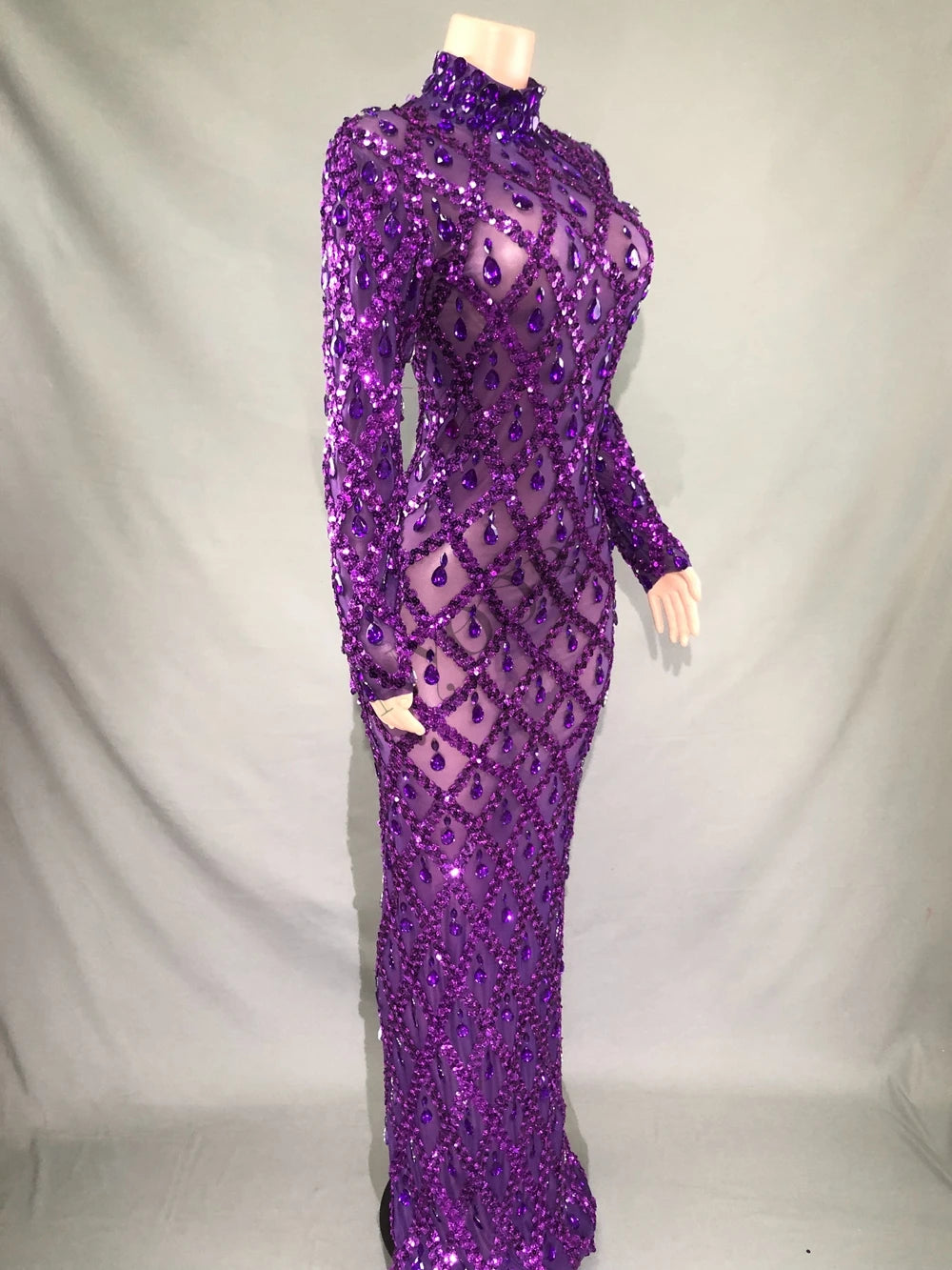 Sparkly Purple Diamonds Mesh Celebrate Evening Wedding Prom Birthday Dress Sexy Photoshoot Long Dress Stage Performance Costume
