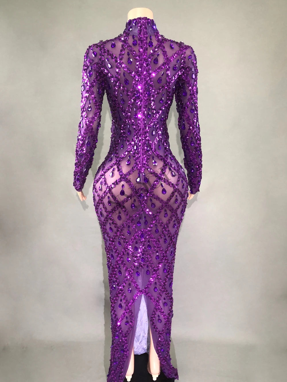 Sparkly Purple Diamonds Mesh Celebrate Evening Wedding Prom Birthday Dress Sexy Photoshoot Long Dress Stage Performance Costume