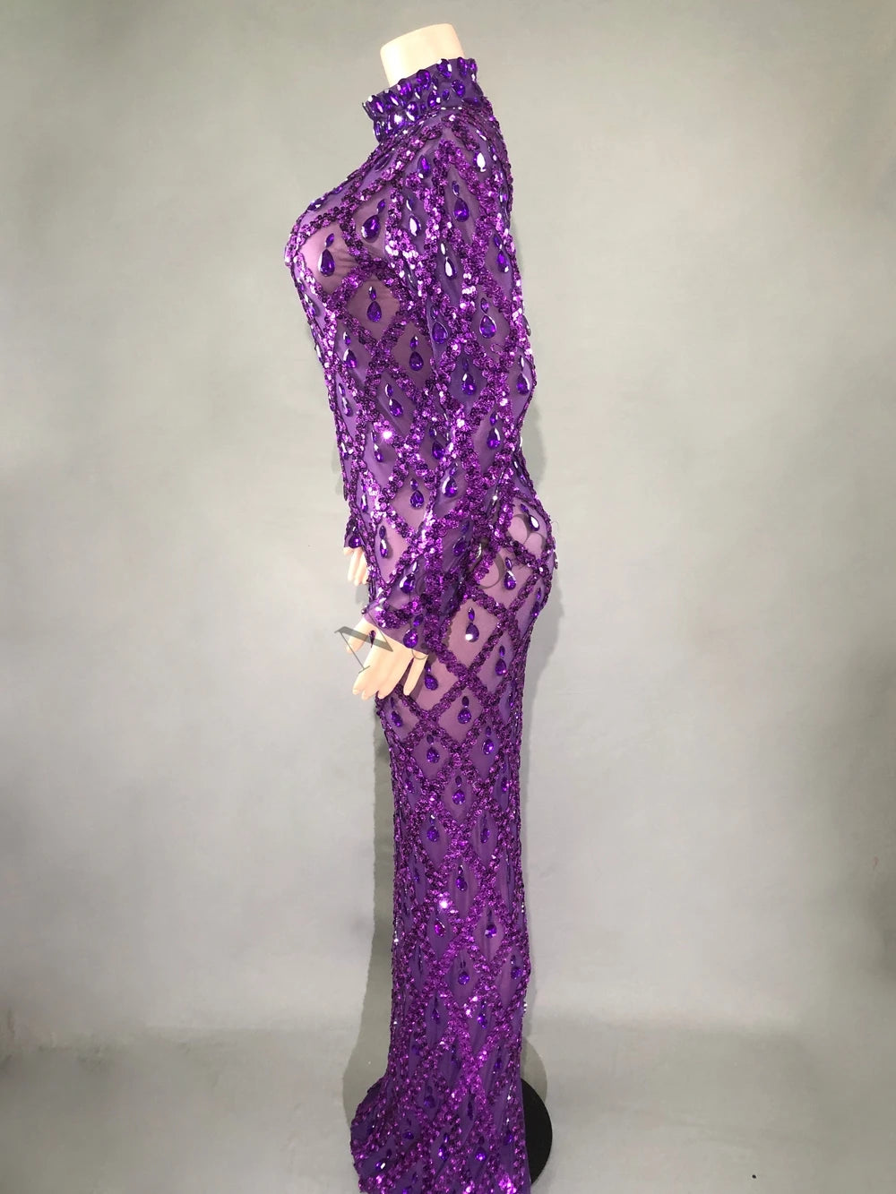 Sparkly Purple Diamonds Mesh Celebrate Evening Wedding Prom Birthday Dress Sexy Photoshoot Long Dress Stage Performance Costume
