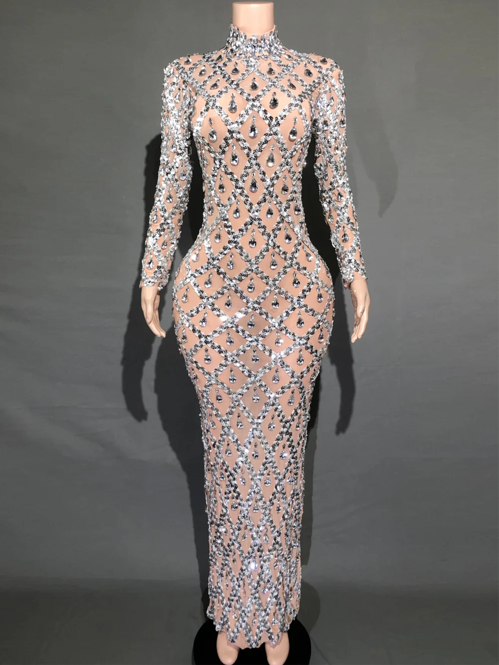 Sparkly Purple Diamonds Mesh Celebrate Evening Wedding Prom Birthday Dress Sexy Photoshoot Long Dress Stage Performance Costume