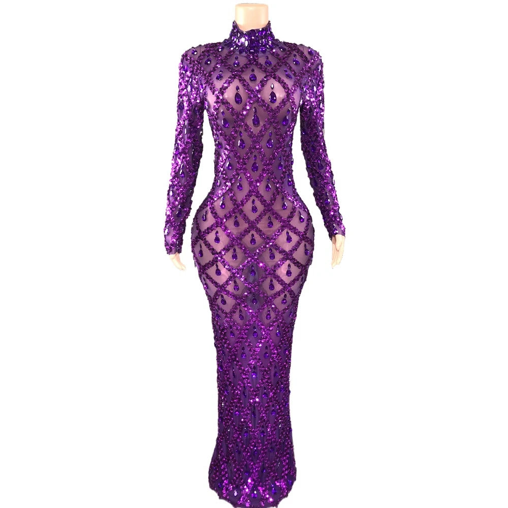 Sparkly Purple Diamonds Mesh Celebrate Evening Wedding Prom Birthday Dress Sexy Photoshoot Long Dress Stage Performance Costume