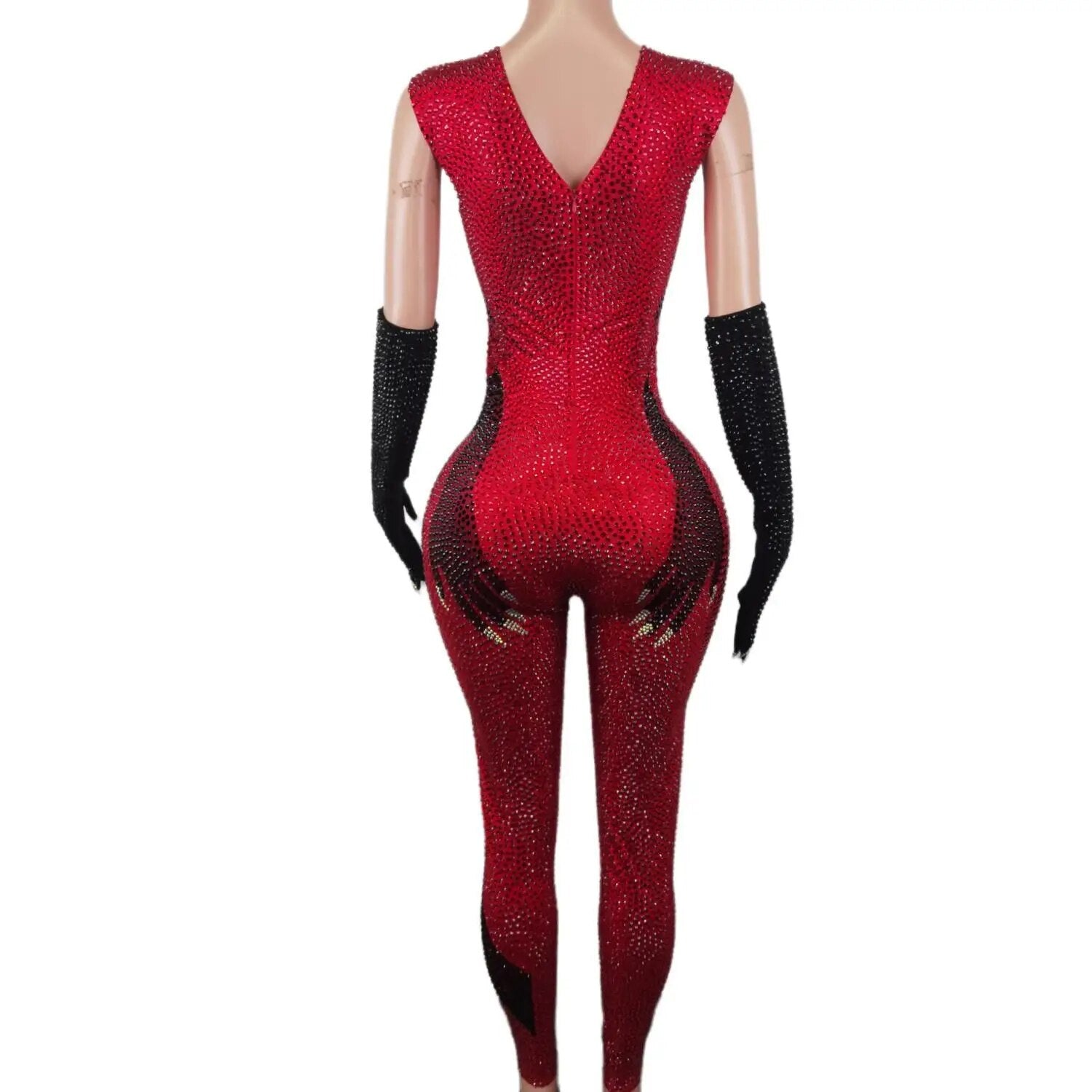 Sparkly Red Rhinestone Jumpsuit Black Hand Gloves Women Celebrate Tights Performance Costume Singer Show Stage Wear 