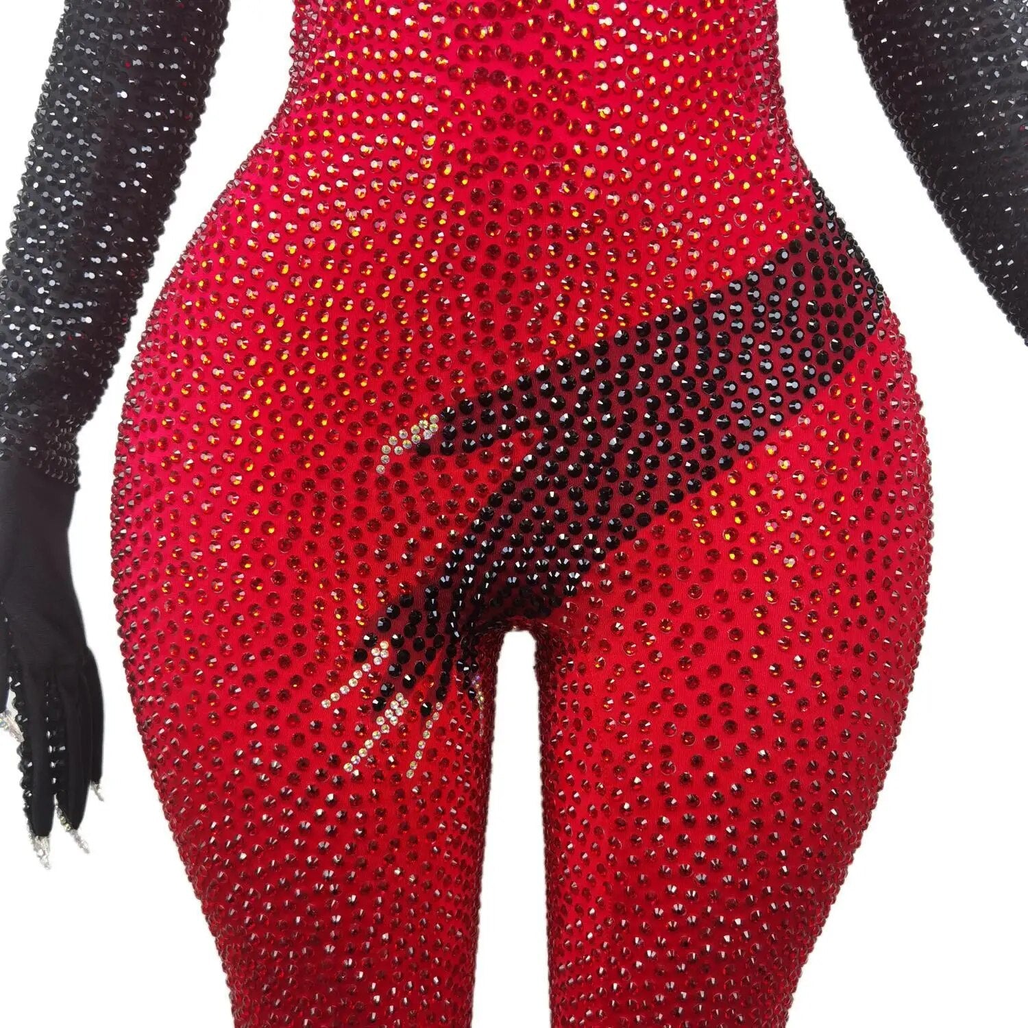 Sparkly Red Rhinestone Jumpsuit Black Hand Gloves Women Celebrate Tights Performance Costume Singer Show Stage Wear 