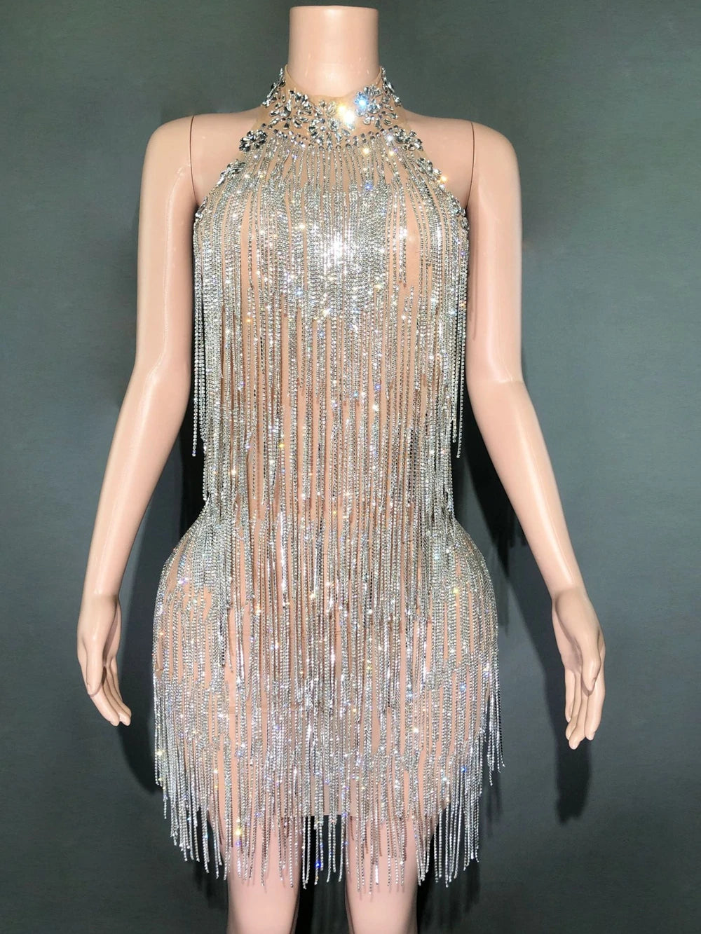 Luxurious Silver Rhinestones Chains Sexy Backless Short Dress for Women Birthday Evening Prom Celebrate Dress Singer Stage Wear