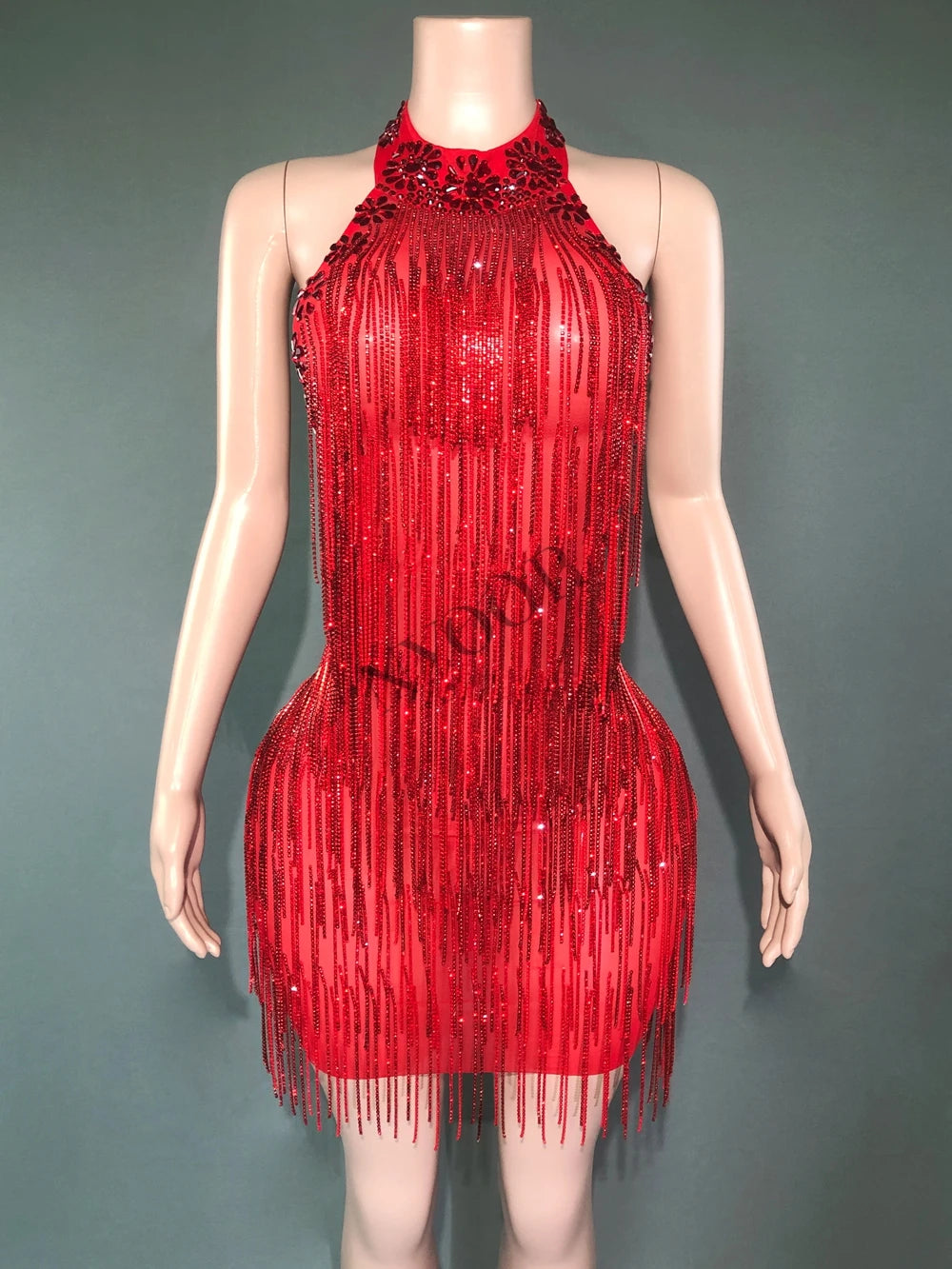 Luxurious Silver Rhinestones Chains Sexy Backless Short Dress for Women Birthday Evening Prom Celebrate Dress Singer Stage Wear