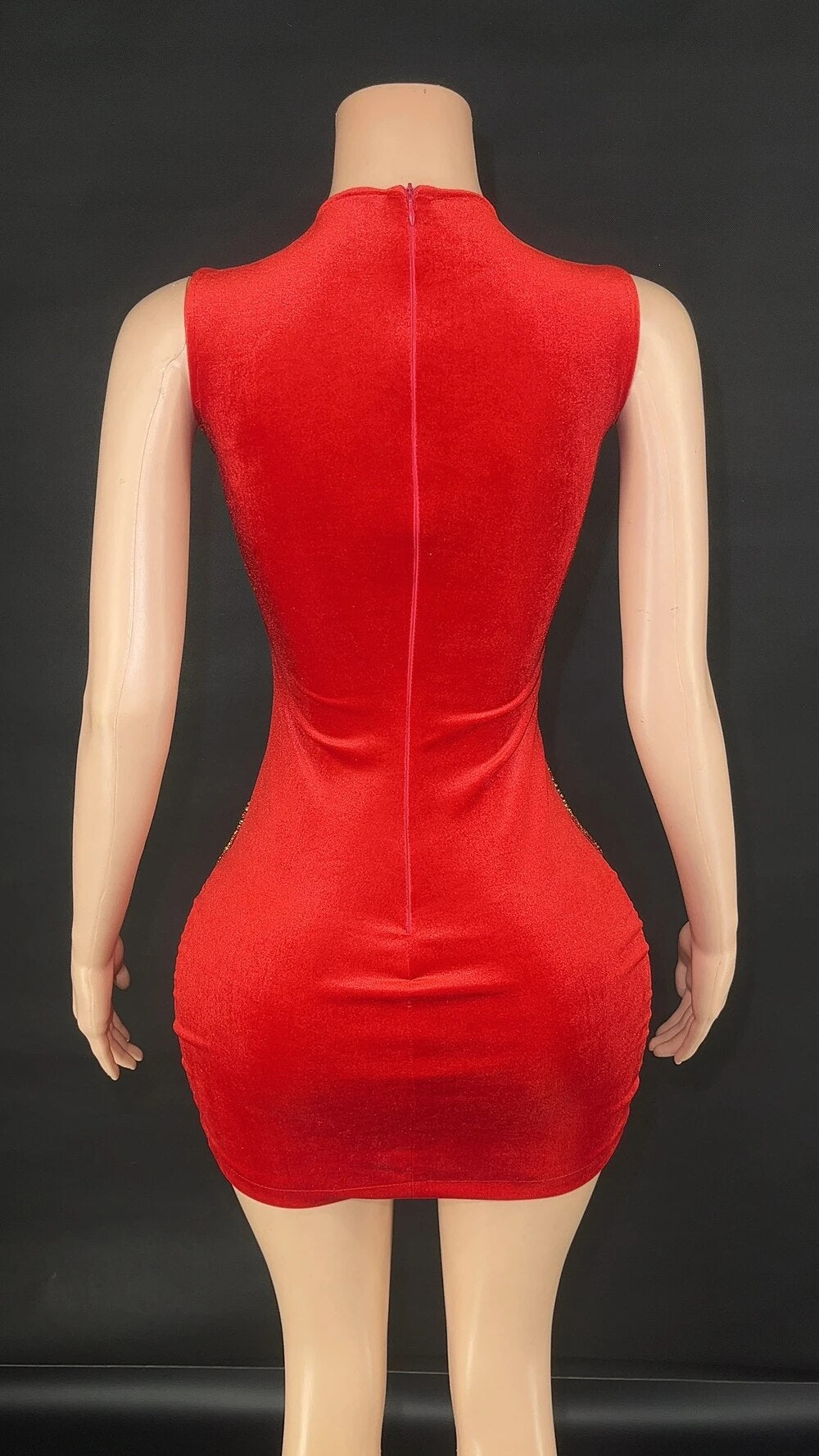 Sparkly Red Rhinestones Mesh See Through Back Velvet Sleeveless Short Dress Women Sexy Celebrate Birthday Evening Party Dress