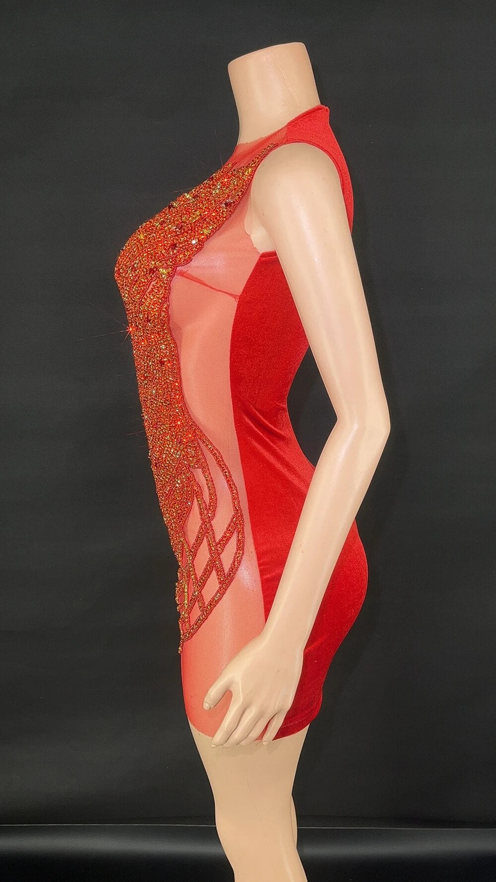 Sparkly Red Rhinestones Mesh See Through Back Velvet Sleeveless Short Dress Women Sexy Celebrate Birthday Evening Party Dress