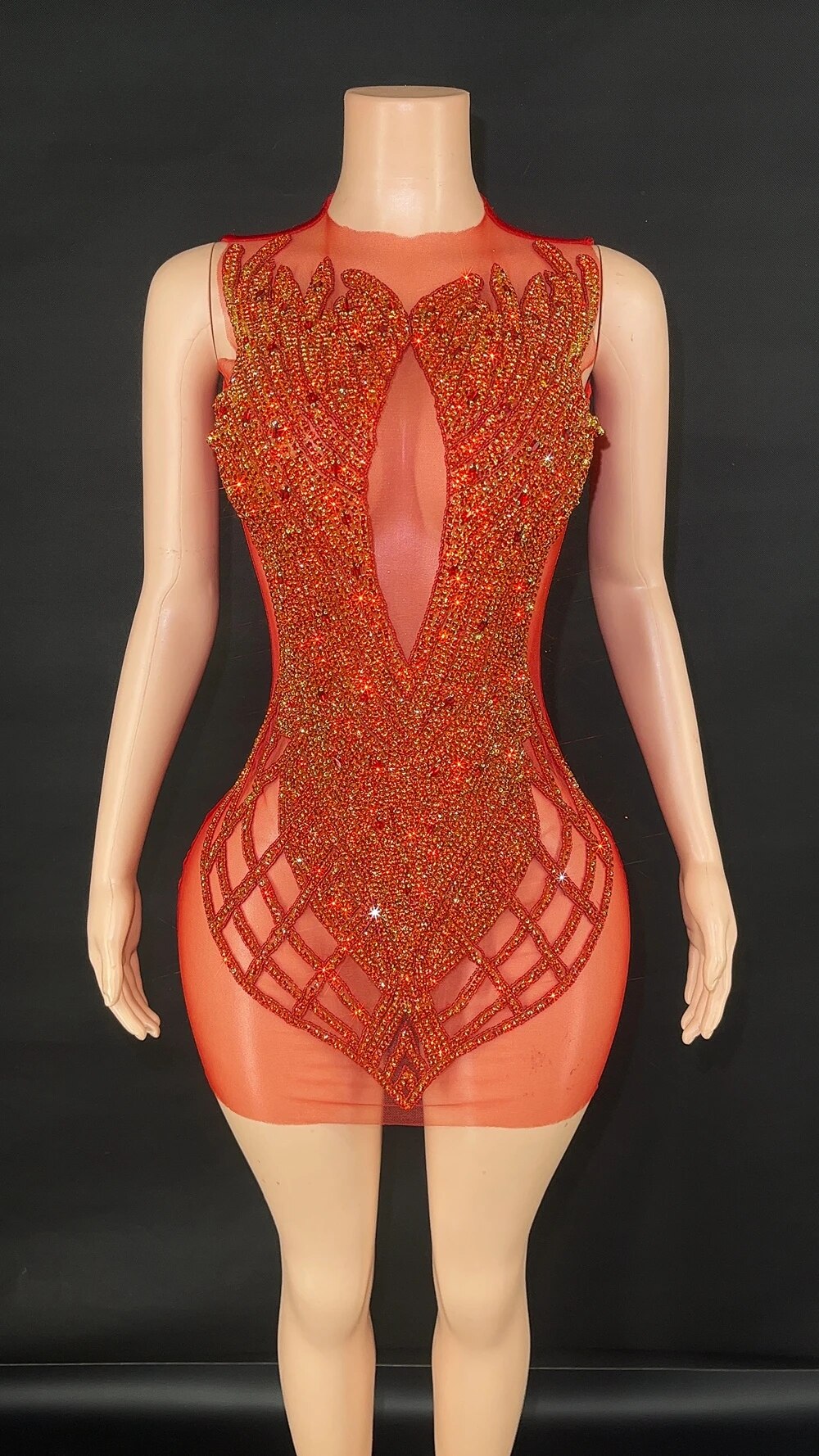 Sparkly Red Rhinestones Mesh See Through Back Velvet Sleeveless Short Dress Women Sexy Celebrate Birthday Evening Party Dress