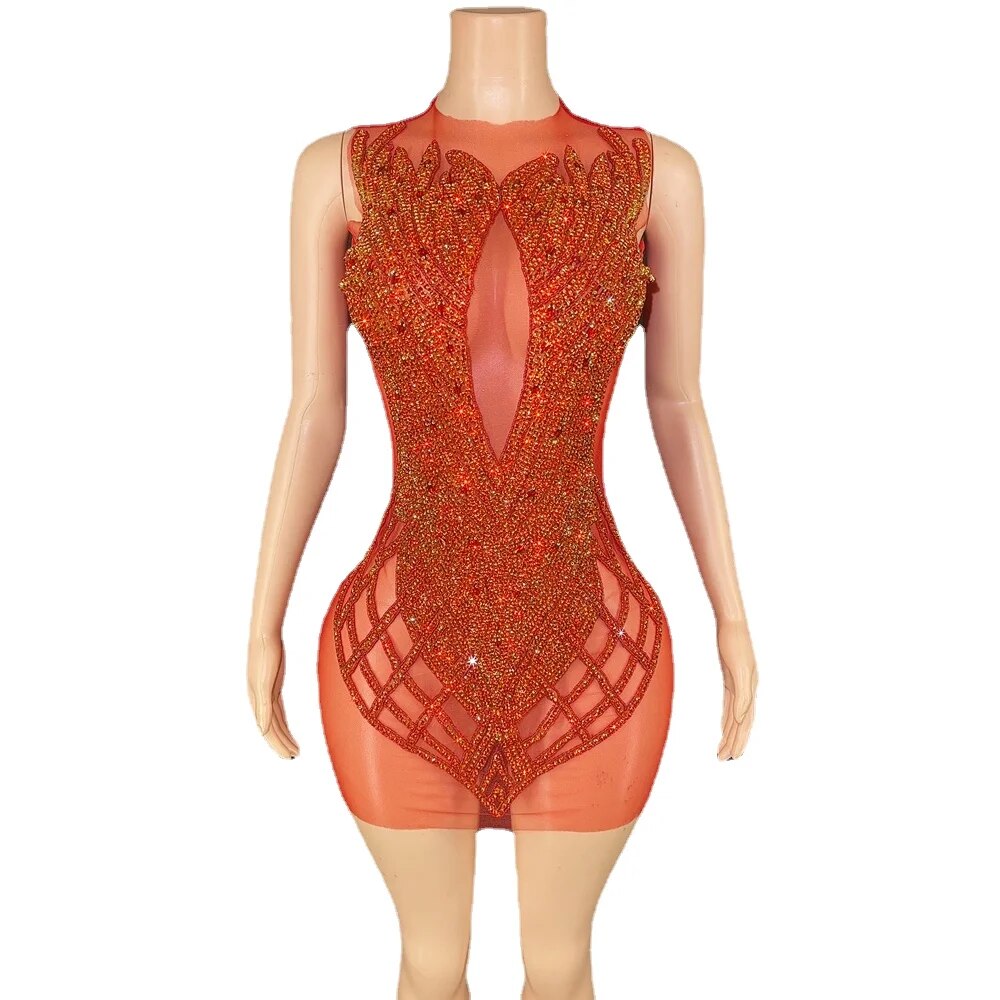 Sparkly Red Rhinestones Mesh See Through Back Velvet Sleeveless Short Dress Women Sexy Celebrate Birthday Evening Party Dress