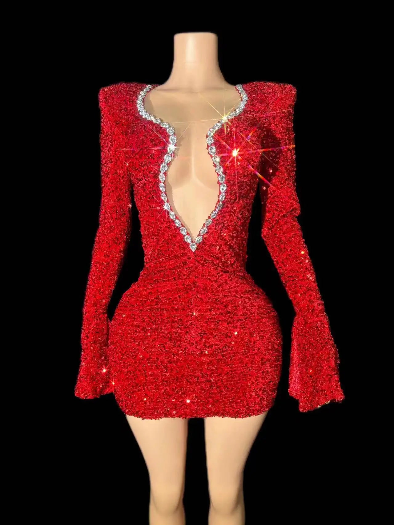 Sparkly Red Sequins Rhinestones Short Dress Women Sexy Deep V Neck Party Evening Celebrate Birthday Club Performance Stage Wear