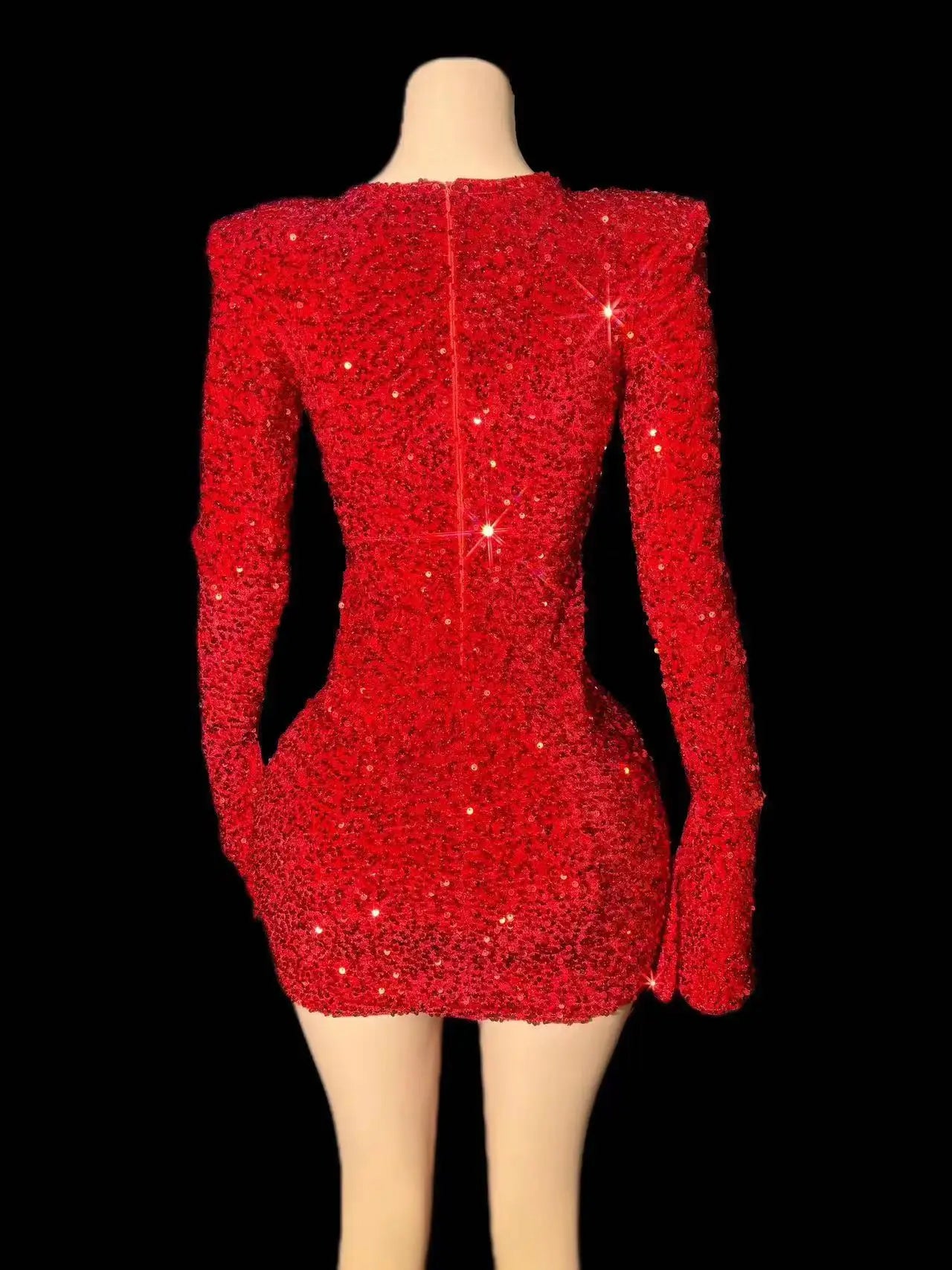 Sparkly Red Sequins Rhinestones Short Dress Women Sexy Deep V Neck Party Evening Celebrate Birthday Club Performance Stage Wear
