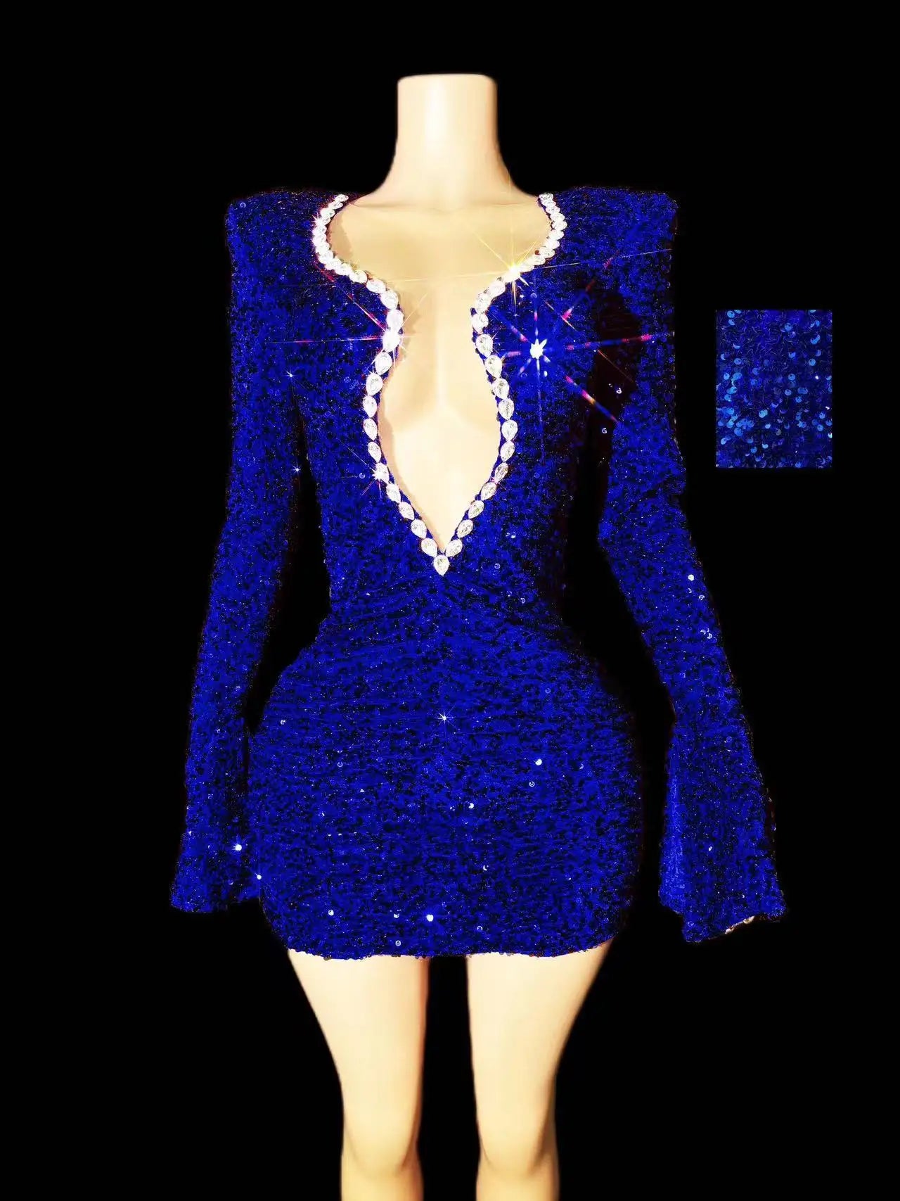 Sparkly Red Sequins Rhinestones Short Dress Women Sexy Deep V Neck Party Evening Celebrate Birthday Club Performance Stage Wear
