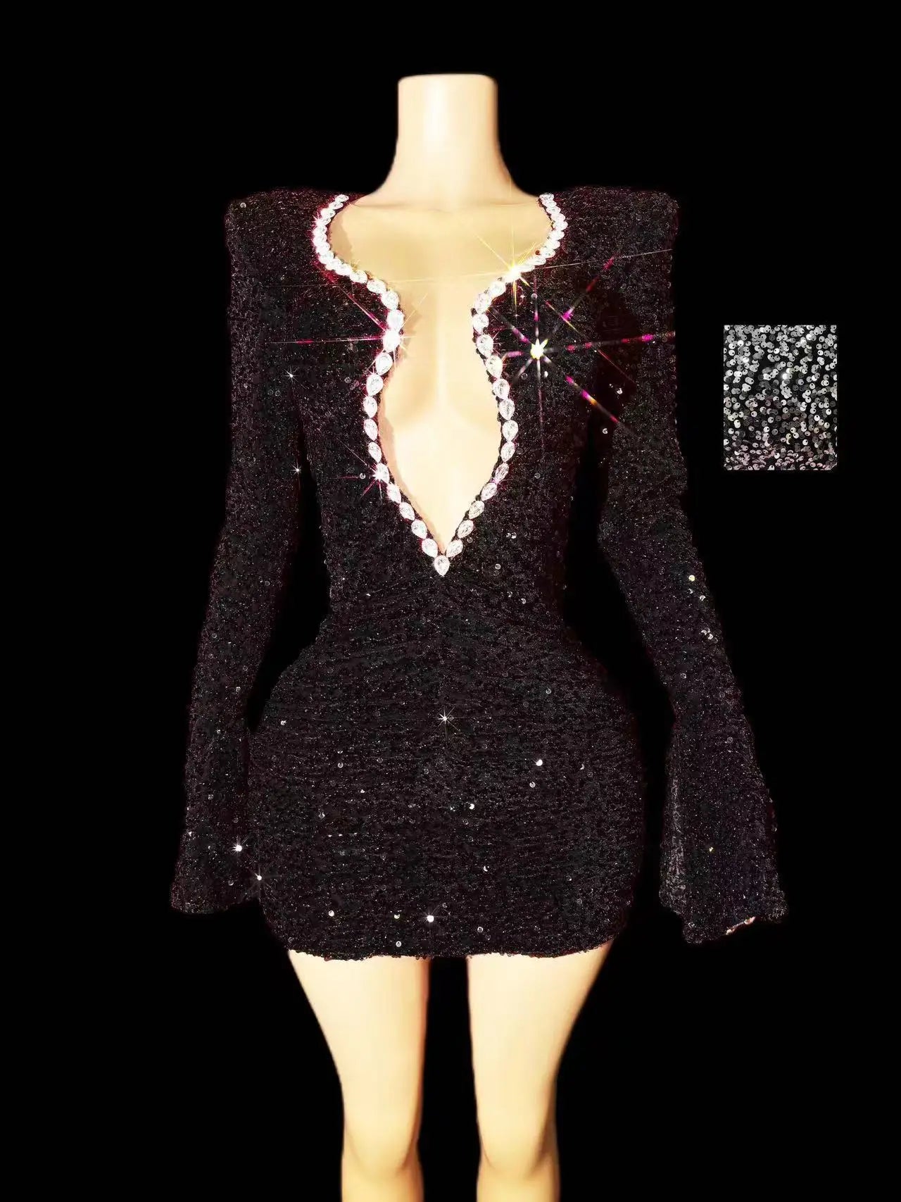 Sparkly Red Sequins Rhinestones Short Dress Women Sexy Deep V Neck Party Evening Celebrate Birthday Club Performance Stage Wear