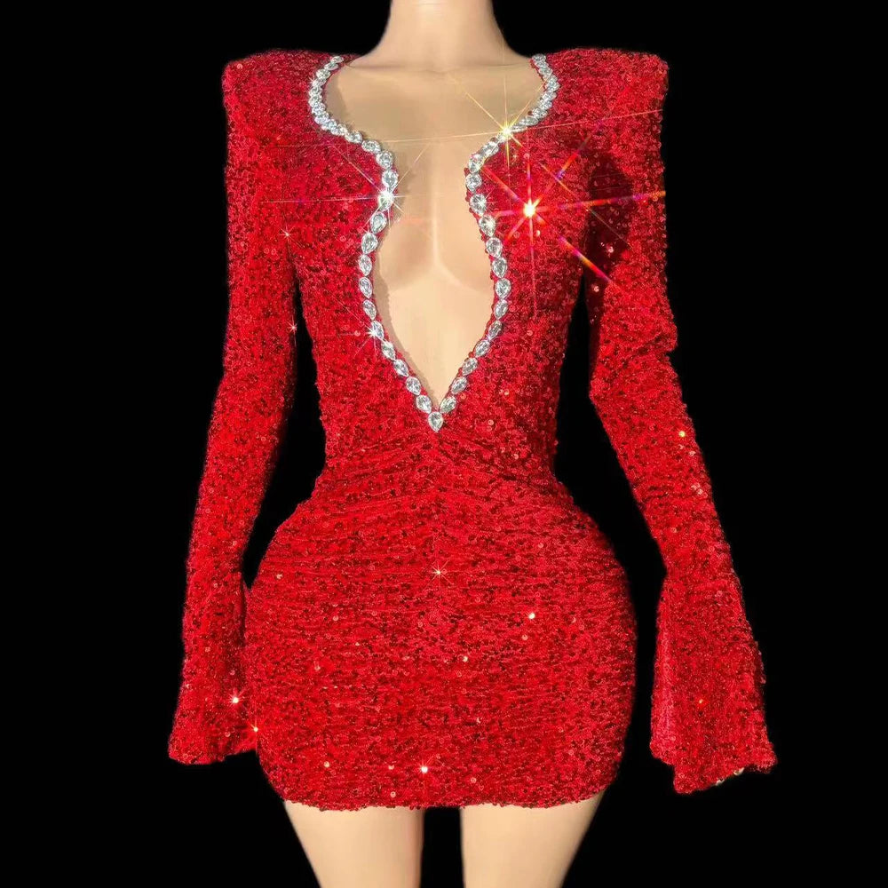 Sparkly Red Sequins Rhinestones Short Dress Women Sexy Deep V Neck Party Evening Celebrate Birthday Club Performance Stage Wear