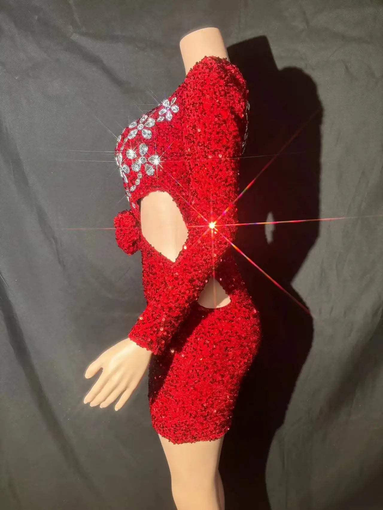 Sparkly Red Sequins Rhinestones Short Dress Women Sexy Stage Hollow Waist Party Evening Celebrate Birthday Dress Festival Gowns