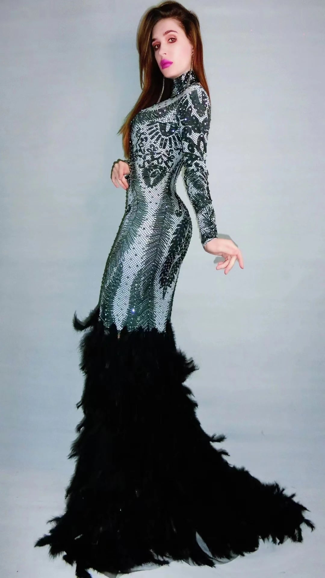 Sparkly Rhinestone Black Long Feather Dress Women Birthday Celebrate Evening Prom Gown Singer Show Stage Wear