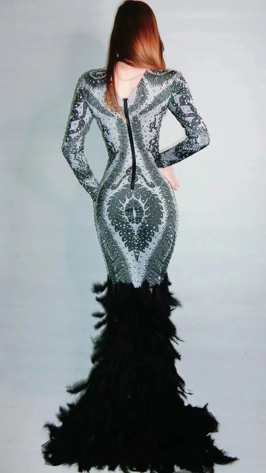 Sparkly Rhinestone Black Long Feather Dress Women Birthday Celebrate Evening Prom Gown Singer Show Stage Wear