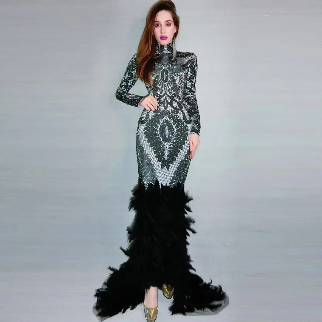 Sparkly Rhinestone Black Long Feather Dress Women Birthday Celebrate Evening Prom Gown Singer Show Stage Wear