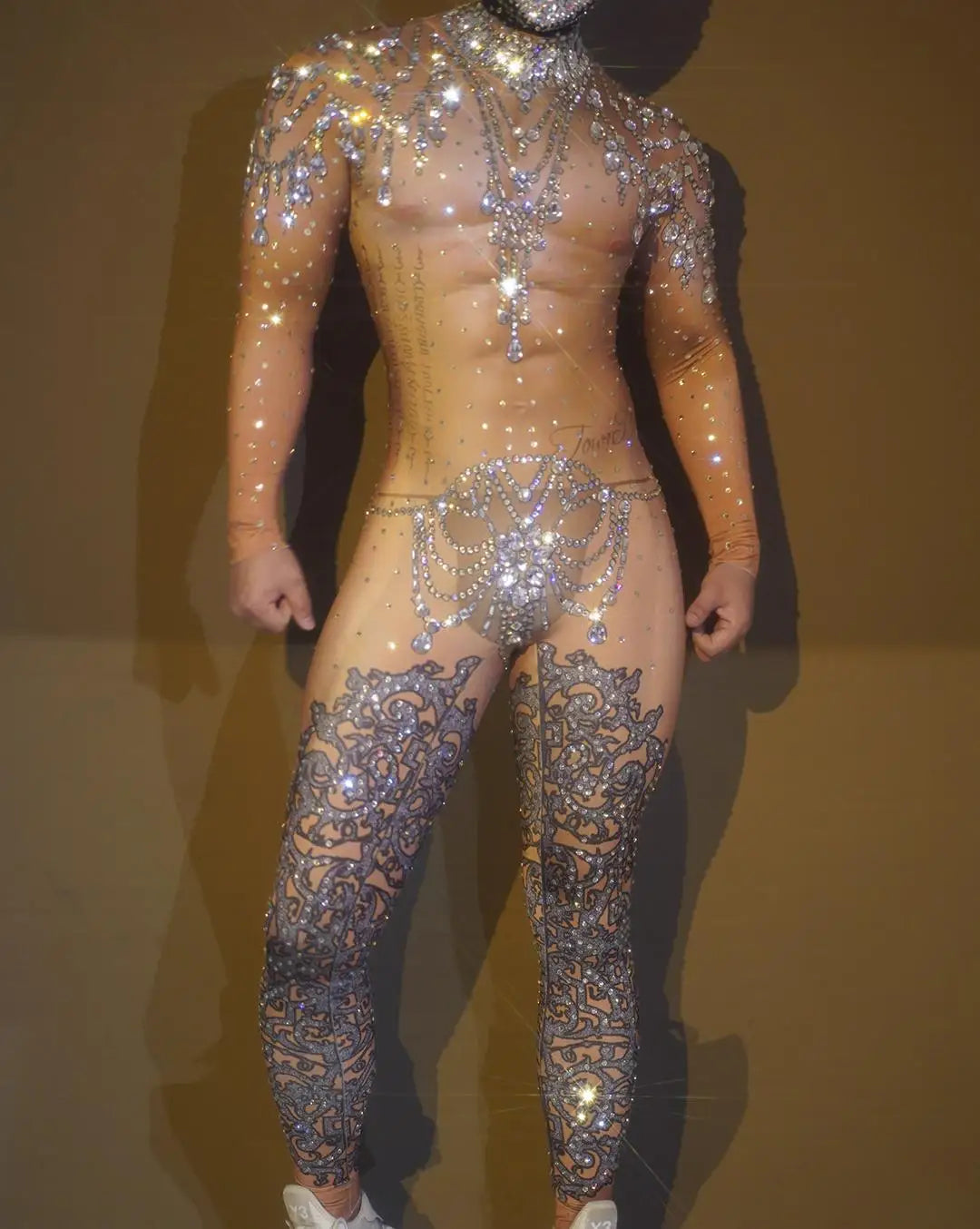 Sparkly Rhinestone Jumpsuit for Men Elastic Leotard Headgear Sexy DJ Nightclub Outfit Performance Dance Costume Show Stage Wear