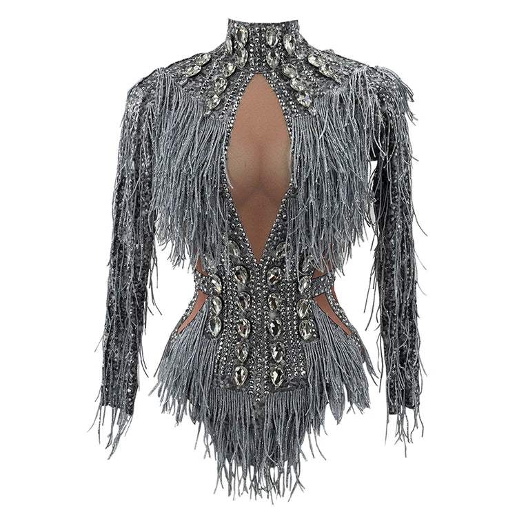 Sparkly Rhinestone silver Fringes Bodysuit Dance drag queen Costume Big Crystals Bodysuit Tassel DJ DS club birthday Party Stage