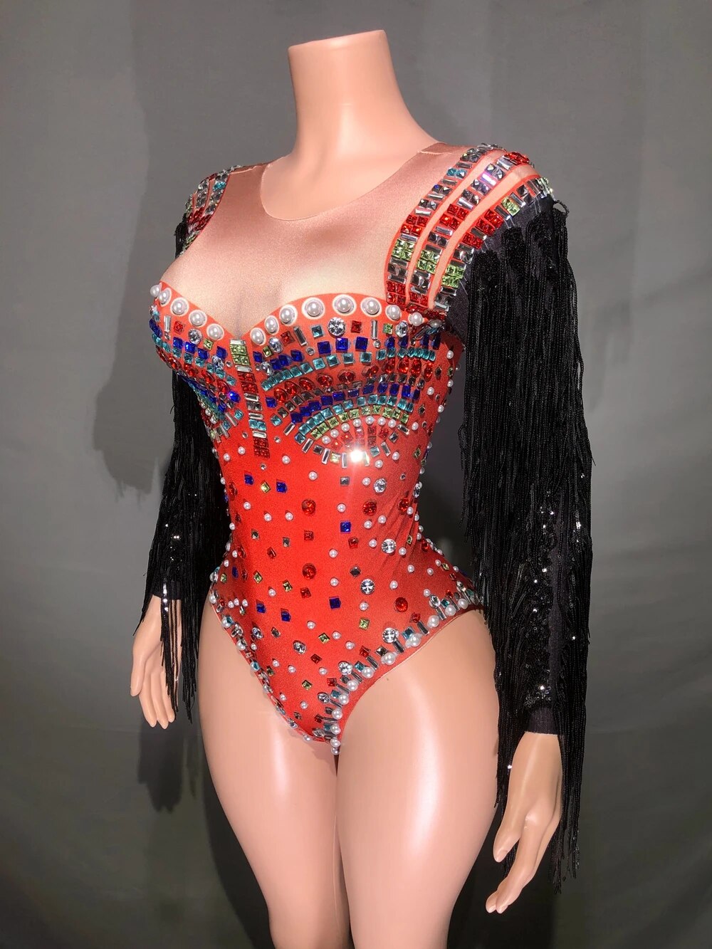 Sparkly Rhinestones Black Sequin Fringes Sleeve Bodysuit Women Sexy Performance Dance Costume Nightclub Singer Dancer Stage Wear