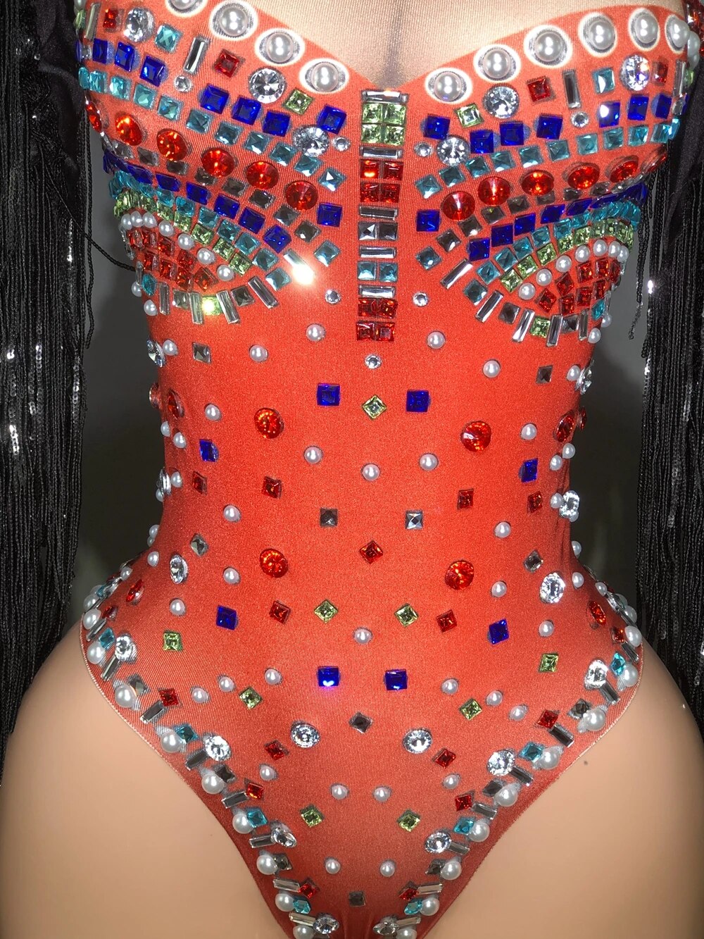 Sparkly Rhinestones Black Sequin Fringes Sleeve Bodysuit Women Sexy Performance Dance Costume Nightclub Singer Dancer Stage Wear