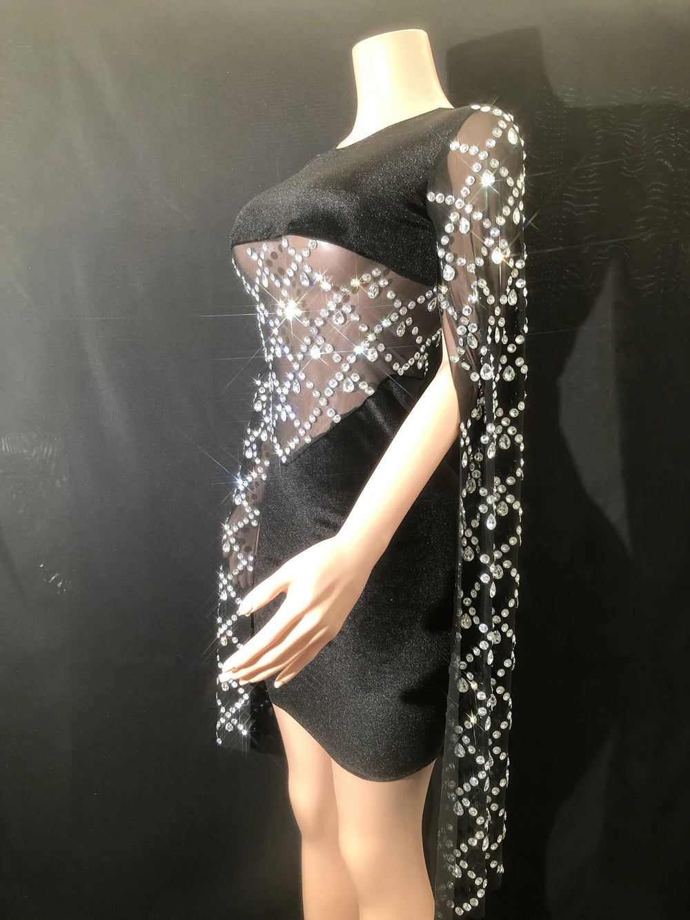Sparkly Rhinestones Black Velvet Short Dress Sexy Mesh Transparent Evening Prom Celebrate Birthday Dress Party Outfit Stage Wear