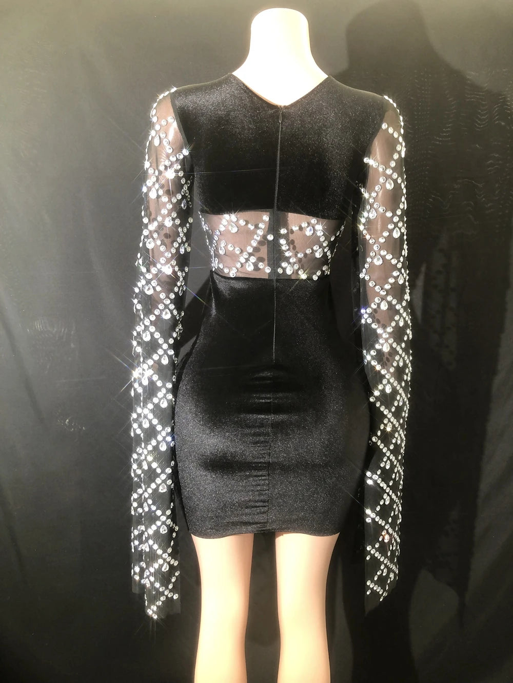Sparkly Rhinestones Black Velvet Short Dress Sexy Mesh Transparent Evening Prom Celebrate Birthday Dress Party Outfit Stage Wear