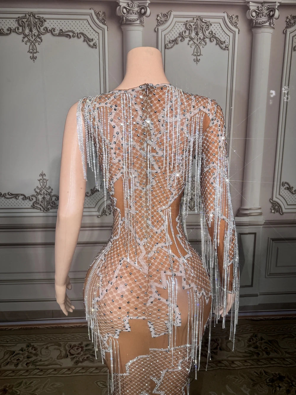 Sparkly Rhinestones Chains Evening Prom Party Birthday Long Dress for Women Sexy Dark Mesh Performance Costume Photo Shoot Wear