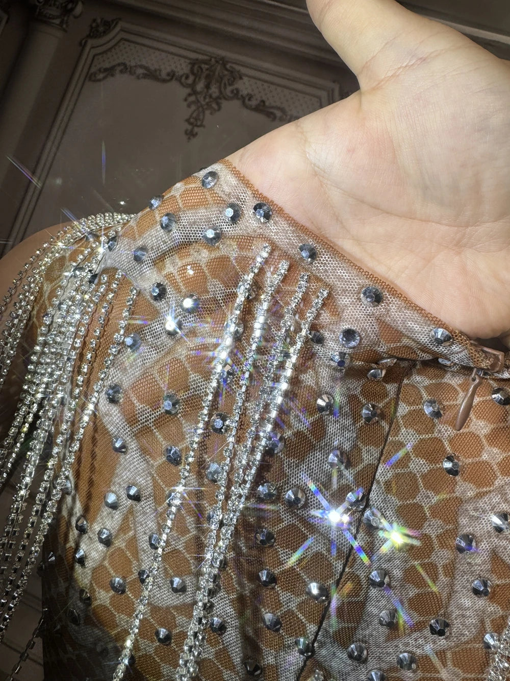 Sparkly Rhinestones Chains Evening Prom Party Birthday Long Dress for Women Sexy Dark Mesh Performance Costume Photo Shoot Wear