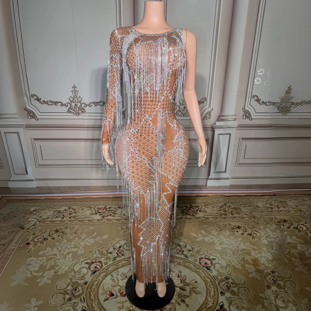 Sparkly Rhinestones Chains Evening Prom Party Birthday Long Dress for Women Sexy Dark Mesh Performance Costume Photo Shoot Wear