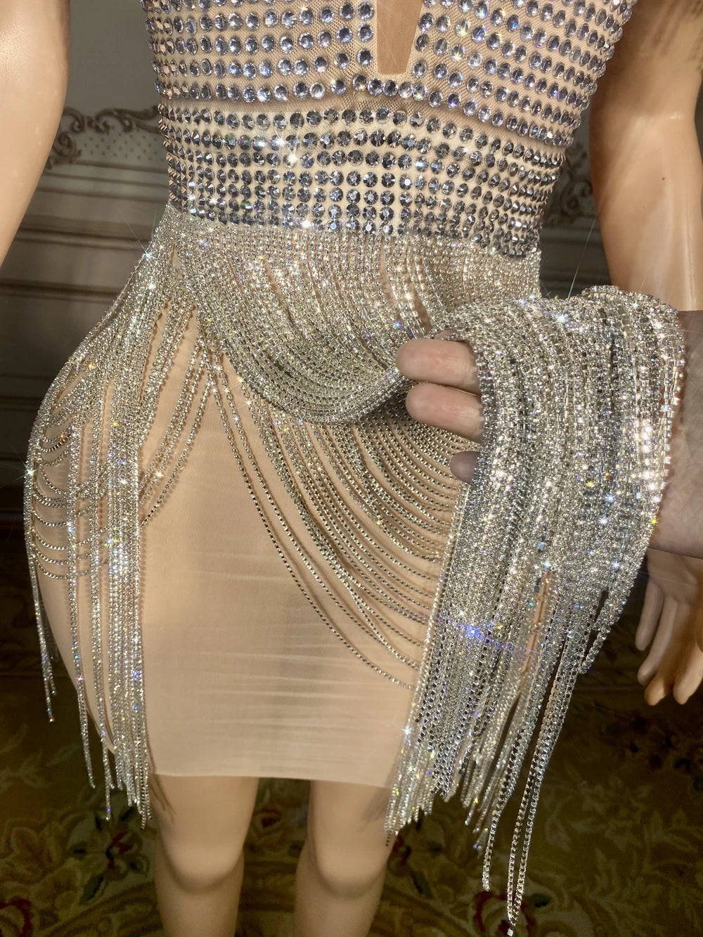 Sparkly Rhinestones Chains Mini Dress Sexy Transparent Evening Celebrate Prom Party Birthday Dress Singer Show Dance Stage Wear