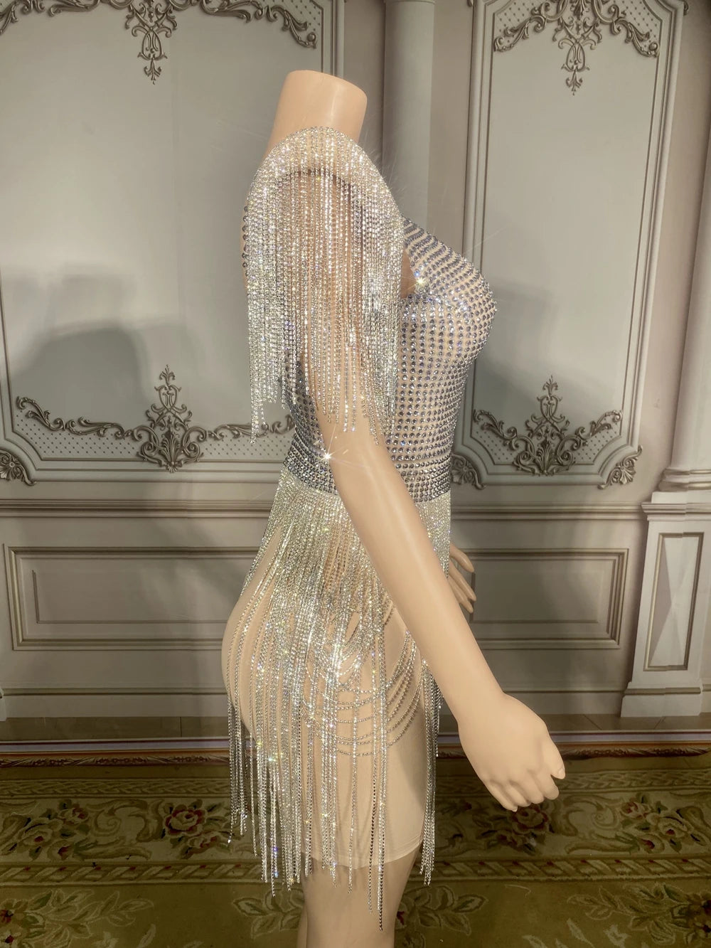 Sparkly Rhinestones Chains Mini Dress Sexy Transparent Evening Celebrate Prom Party Birthday Dress Singer Show Dance Stage Wear