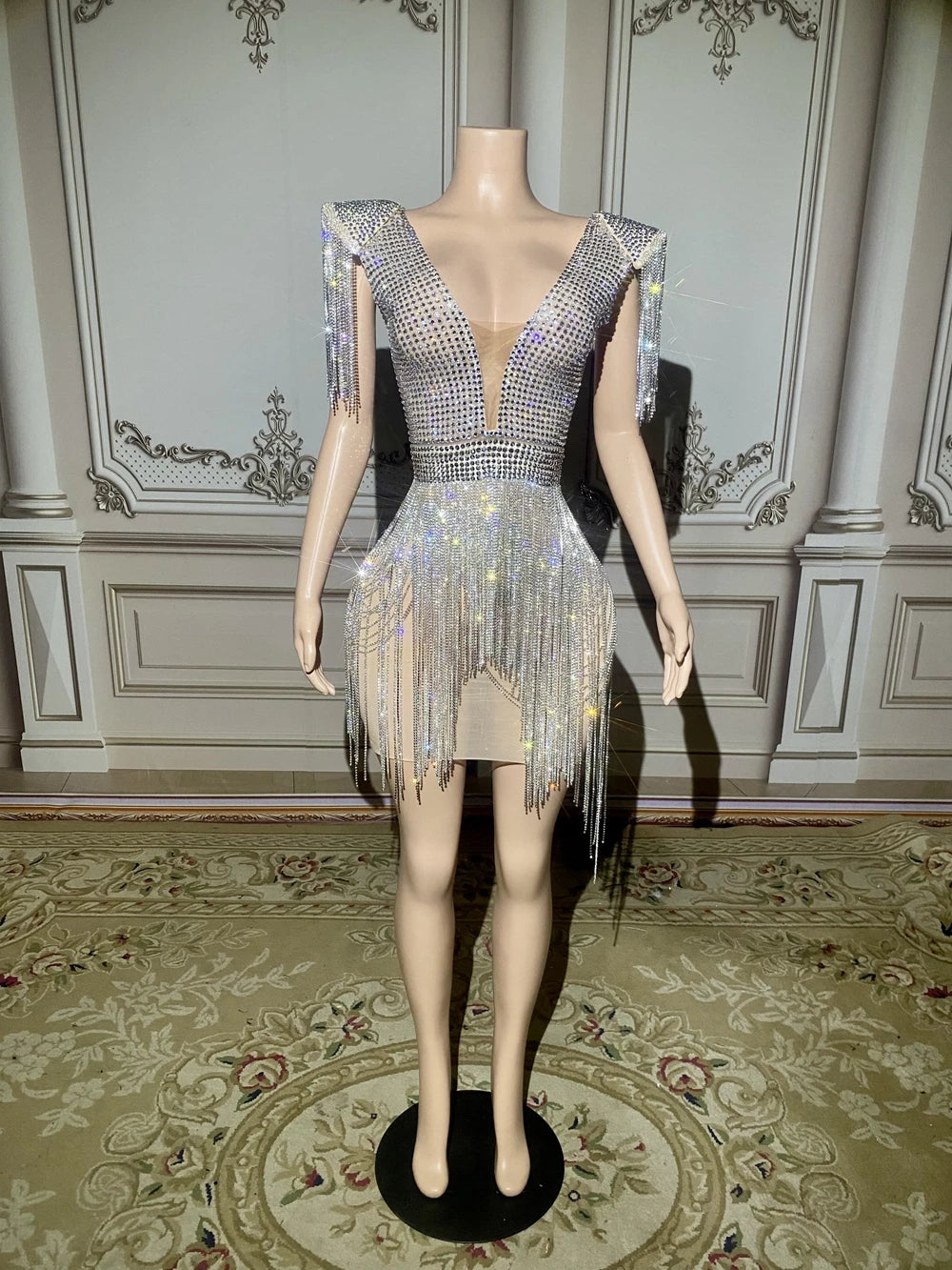 Sparkly Rhinestones Chains Mini Dress Sexy Transparent Evening Celebrate Prom Party Birthday Dress Singer Show Dance Stage Wear