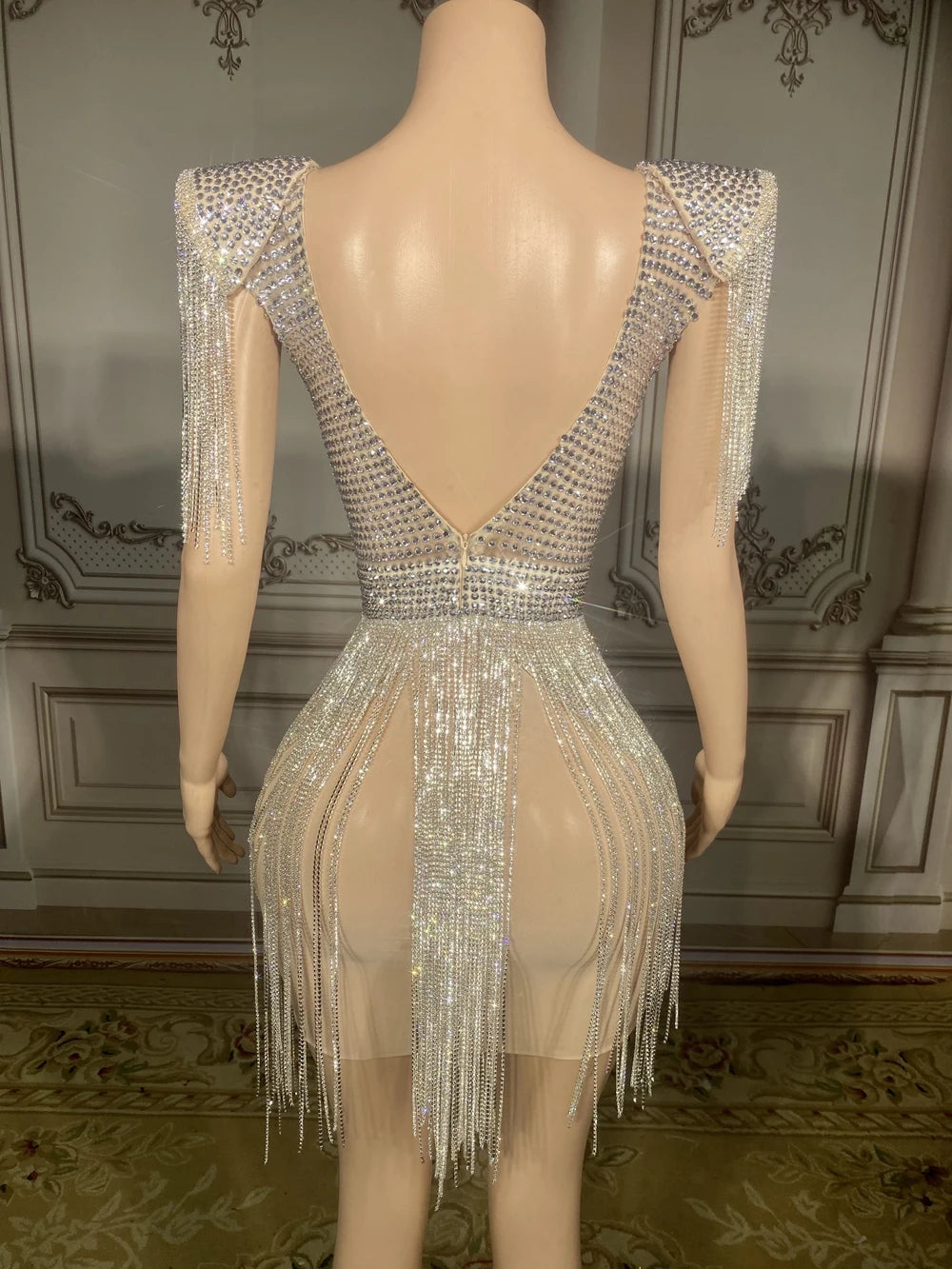 Sparkly Rhinestones Chains Mini Dress Sexy Transparent Evening Celebrate Prom Party Birthday Dress Singer Show Dance Stage Wear