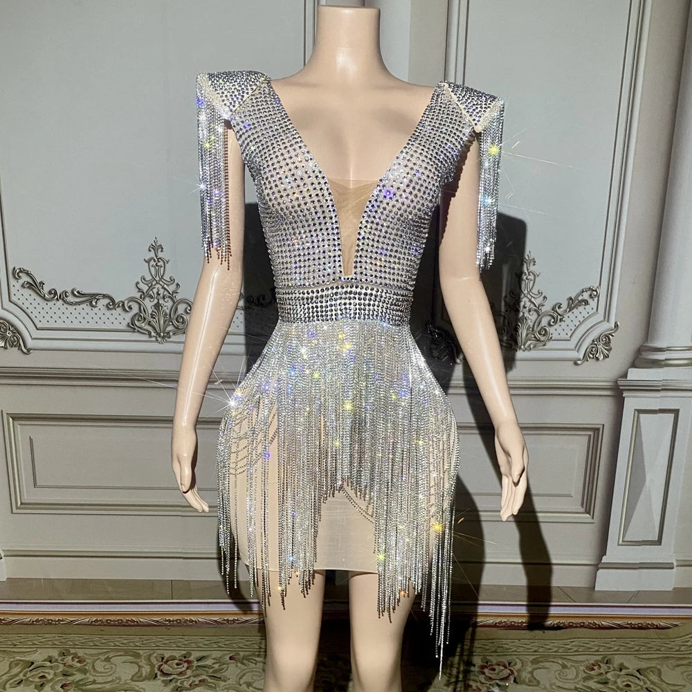 Sparkly Rhinestones Chains Mini Dress Sexy Transparent Evening Celebrate Prom Party Birthday Dress Singer Show Dance Stage Wear