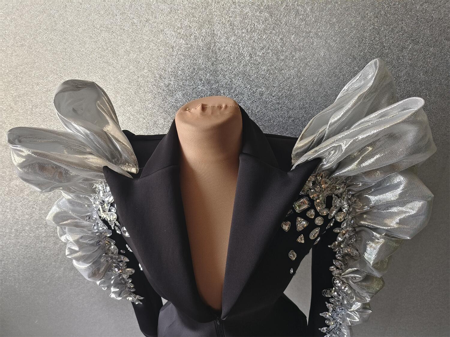 Sparkly Rhinestones Exaggerated Sleeves Black Jacket Sexy Singer Dancer Nightclub Jazz Dance Costume Performance Show Wear