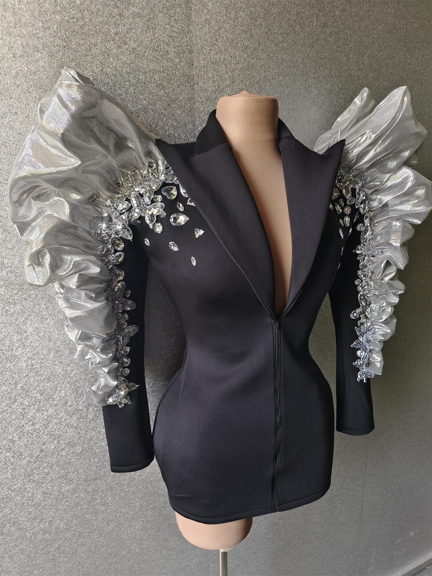 Sparkly Rhinestones Exaggerated Sleeves Black Jacket Sexy Singer Dancer Nightclub Jazz Dance Costume Performance Show Wear