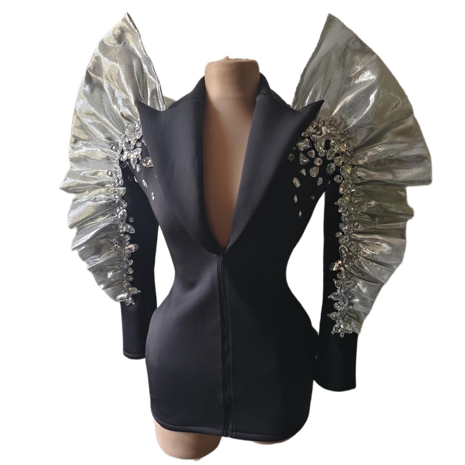 Sparkly Rhinestones Exaggerated Sleeves Black Jacket Sexy Singer Dancer Nightclub Jazz Dance Costume Performance Show Wear