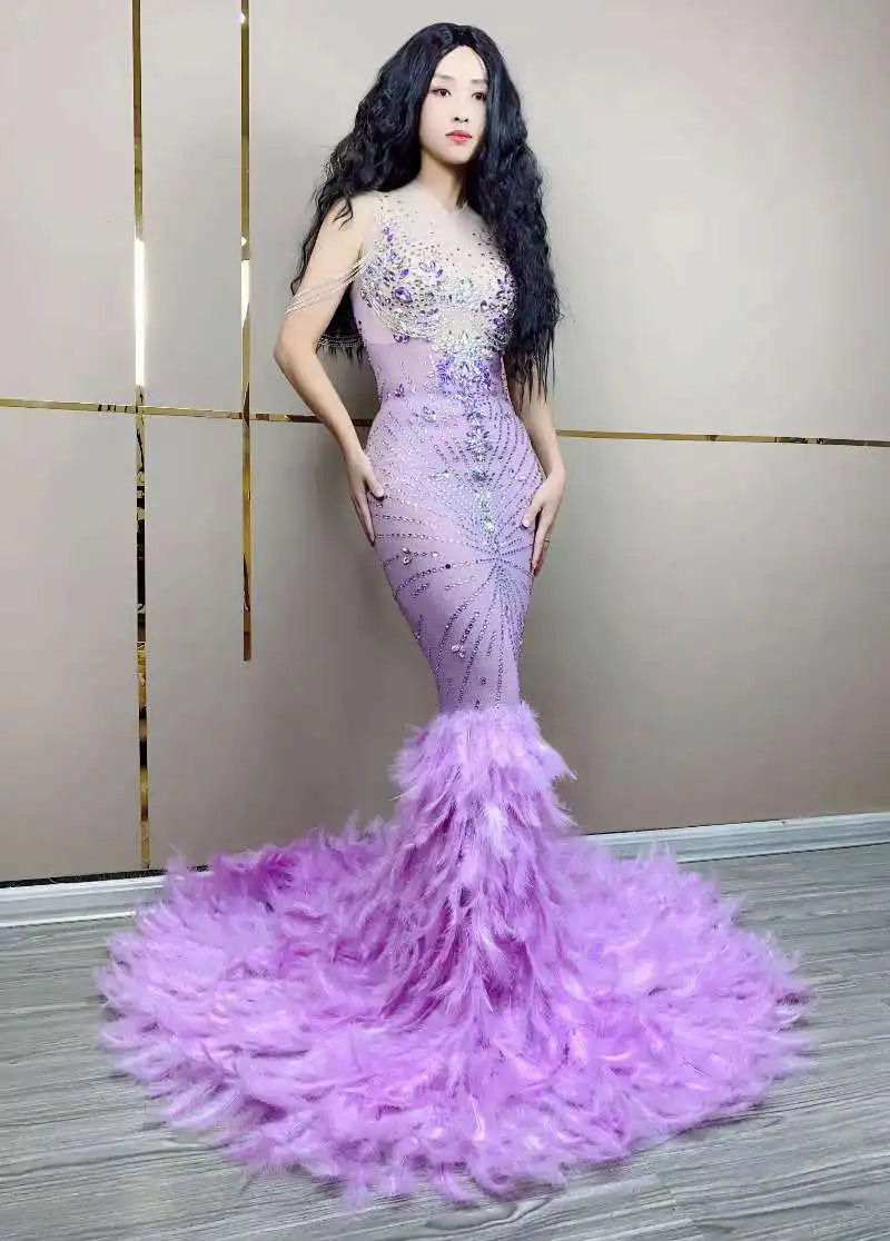 Sparkly Rhinestones Floor Length Purple Feathers Dress Sexy Transparent Birthday Celebrate Evening Prom Dress Photo Shoot Wear