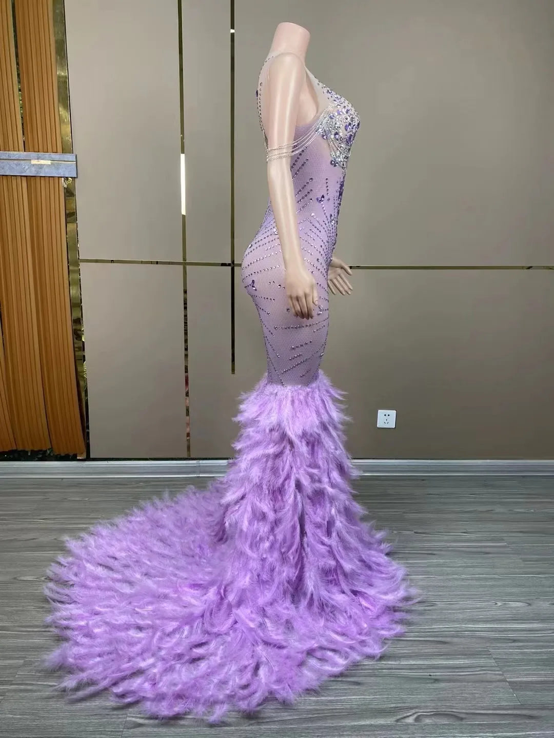 Sparkly Rhinestones Floor Length Purple Feathers Dress Sexy Transparent Birthday Celebrate Evening Prom Dress Photo Shoot Wear