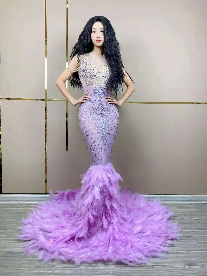 Sparkly Rhinestones Floor Length Purple Feathers Dress Sexy Transparent Birthday Celebrate Evening Prom Dress Photo Shoot Wear