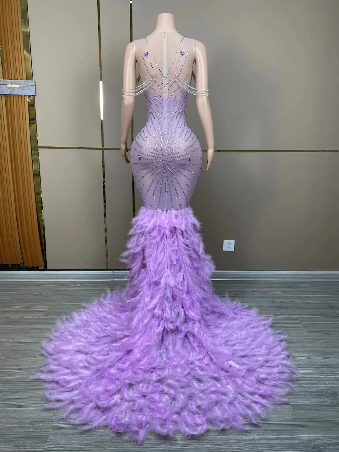 Sparkly Rhinestones Floor Length Purple Feathers Dress Sexy Transparent Birthday Celebrate Evening Prom Dress Photo Shoot Wear