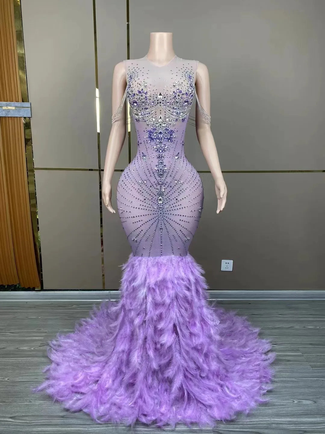 Sparkly Rhinestones Floor Length Purple Feathers Dress Sexy Transparent Birthday Celebrate Evening Prom Dress Photo Shoot Wear