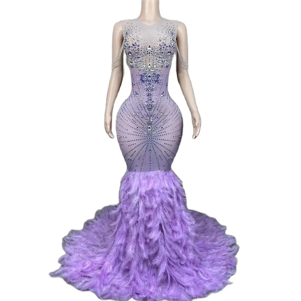 Sparkly Rhinestones Floor Length Purple Feathers Dress Sexy Transparent Birthday Celebrate Evening Prom Dress Photo Shoot Wear