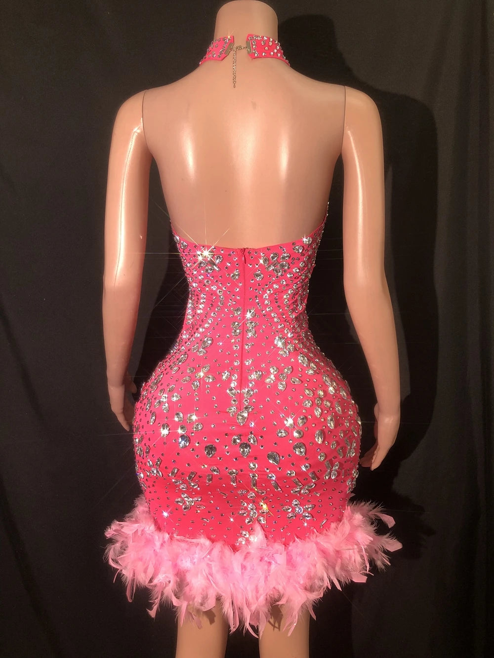 Sparkly Rhinestones Halter Backless Feathers Dress Women Sexy Evening Prom Celebrate Birthday Dress Singer Performance Show Wear