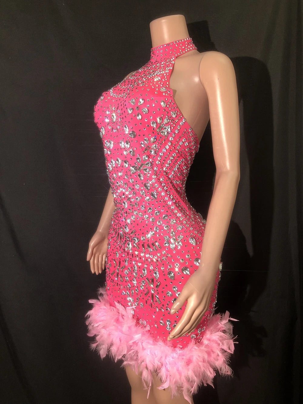 Sparkly Rhinestones Halter Backless Feathers Dress Women Sexy Evening Prom Celebrate Birthday Dress Singer Performance Show Wear