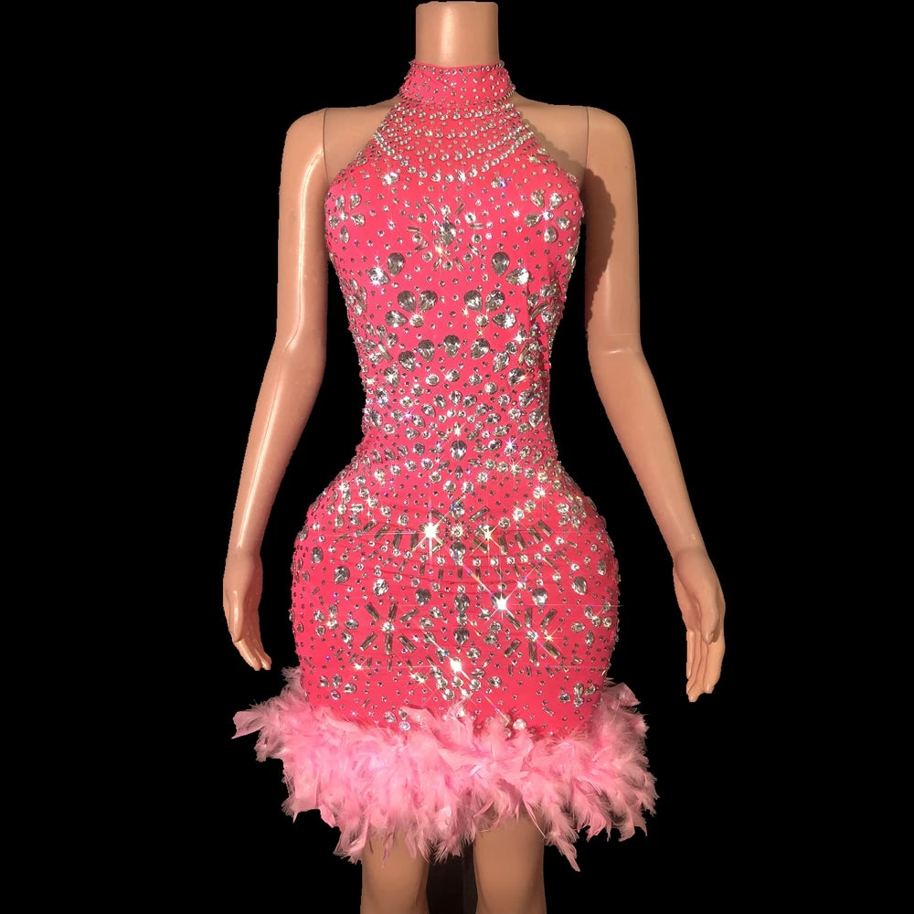 Sparkly Rhinestones Halter Backless Feathers Dress Women Sexy Evening Prom Celebrate Birthday Dress Singer Performance Show Wear