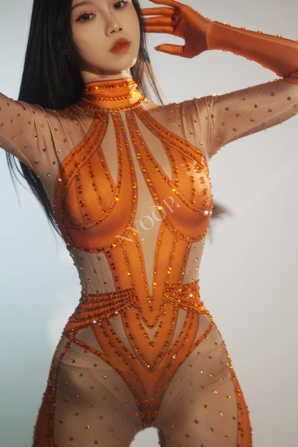 Sparkly Rhinestones Jumpsuit Long Sleeve Gloves for Women Sexy Performance Pole Dancing Costume Party Birthday Outfit Stage Wear