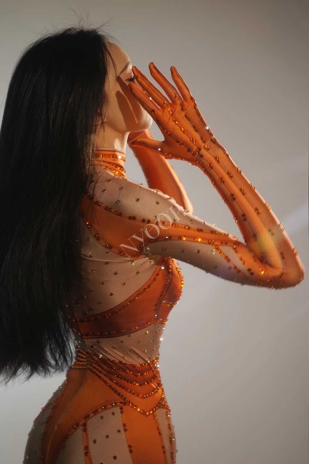 Sparkly Rhinestones Jumpsuit Long Sleeve Gloves for Women Sexy Performance Pole Dancing Costume Party Birthday Outfit Stage Wear